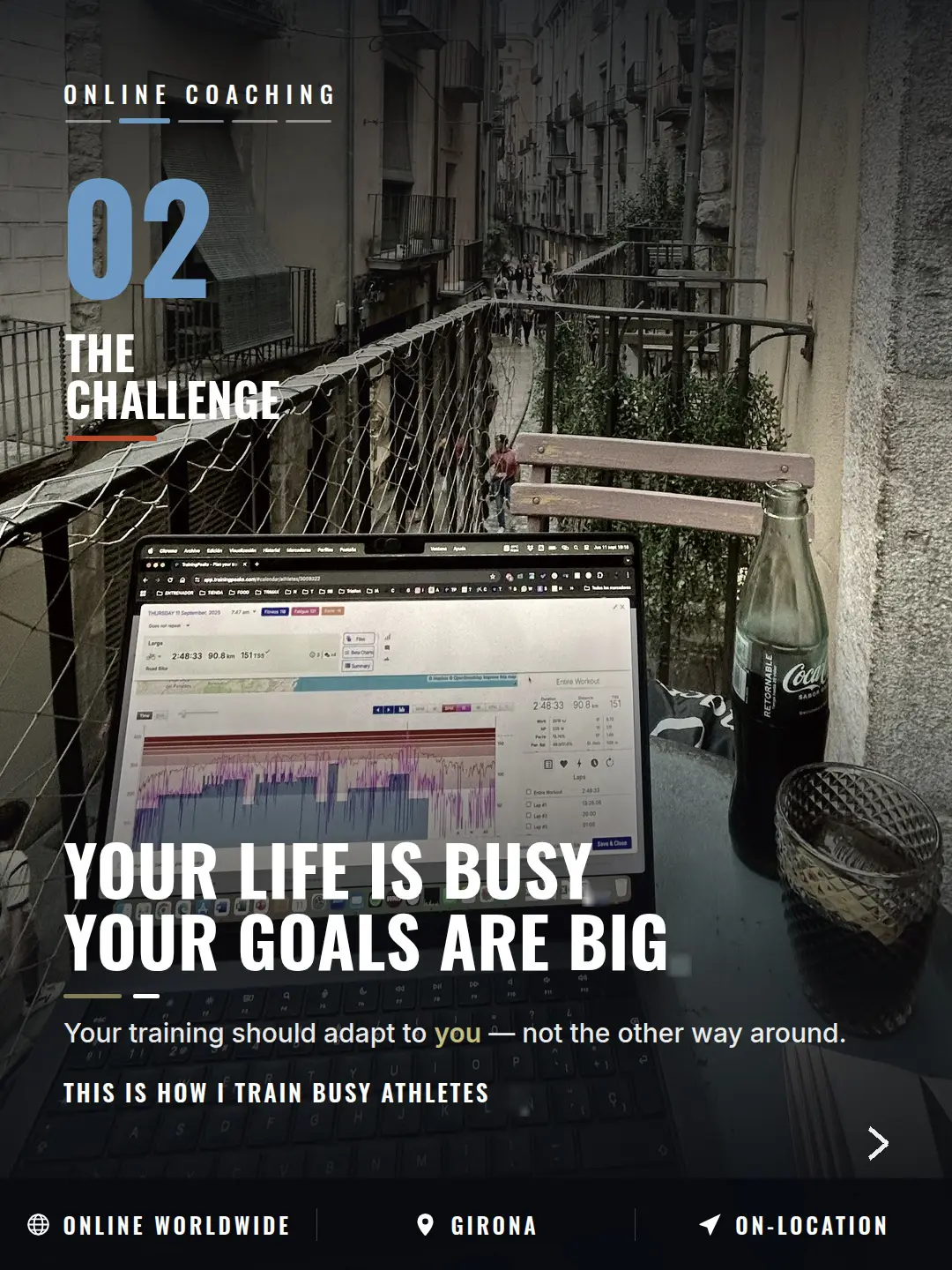A triathlon training week planned in TrainingPeaks on a laptop in Girona
