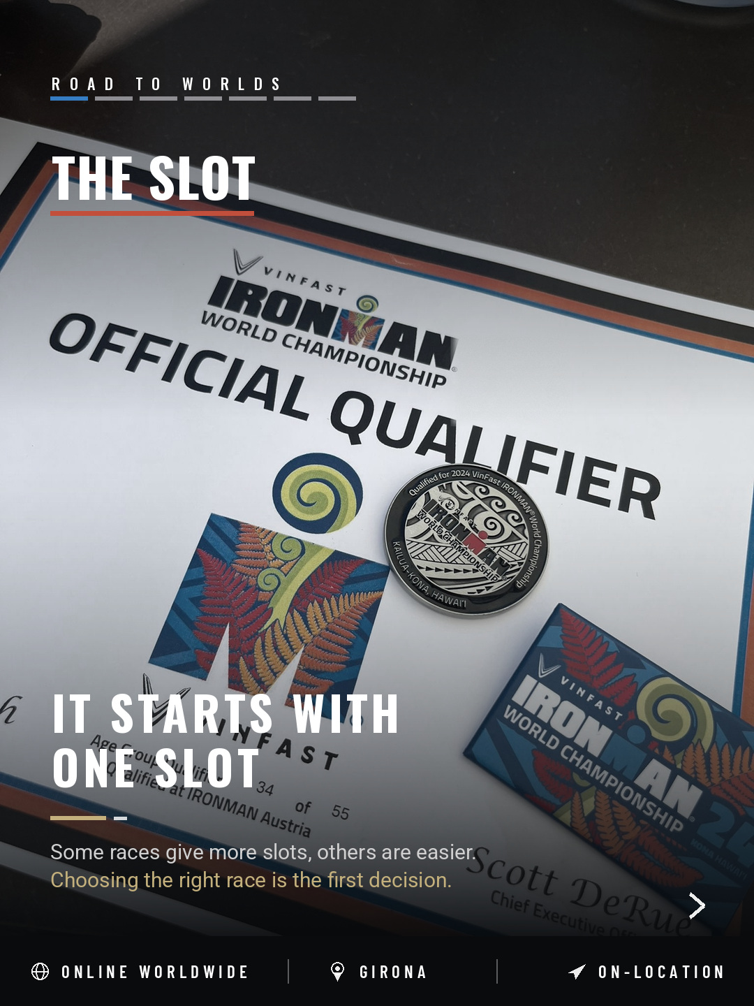 Official IRONMAN World Championship qualifier certificate and Kona slot medal