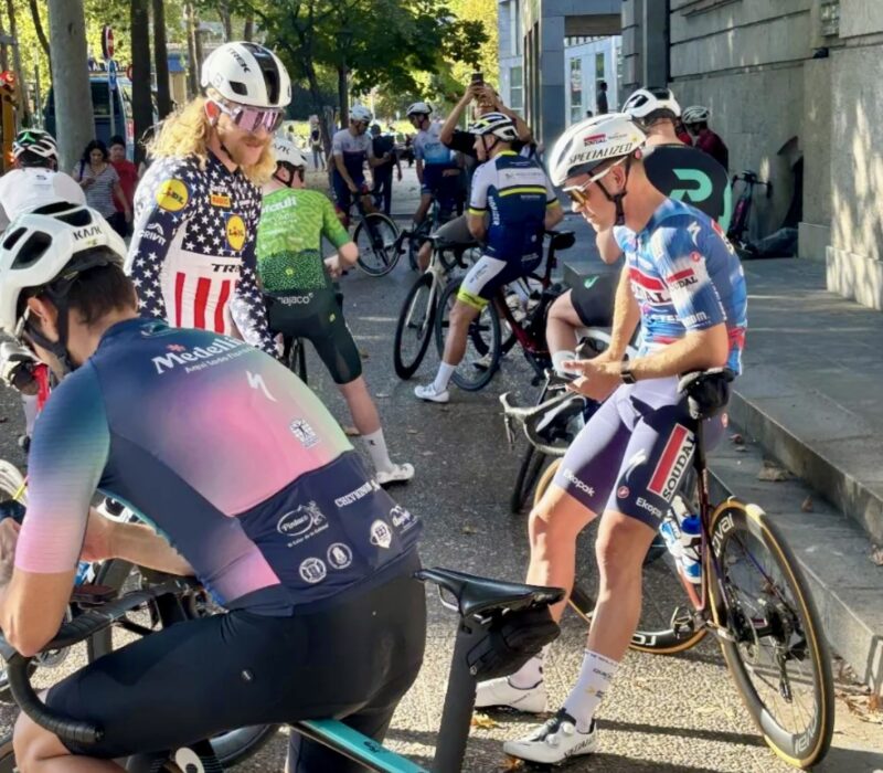 Cyclists preparing their bikes before a group ride in Girona