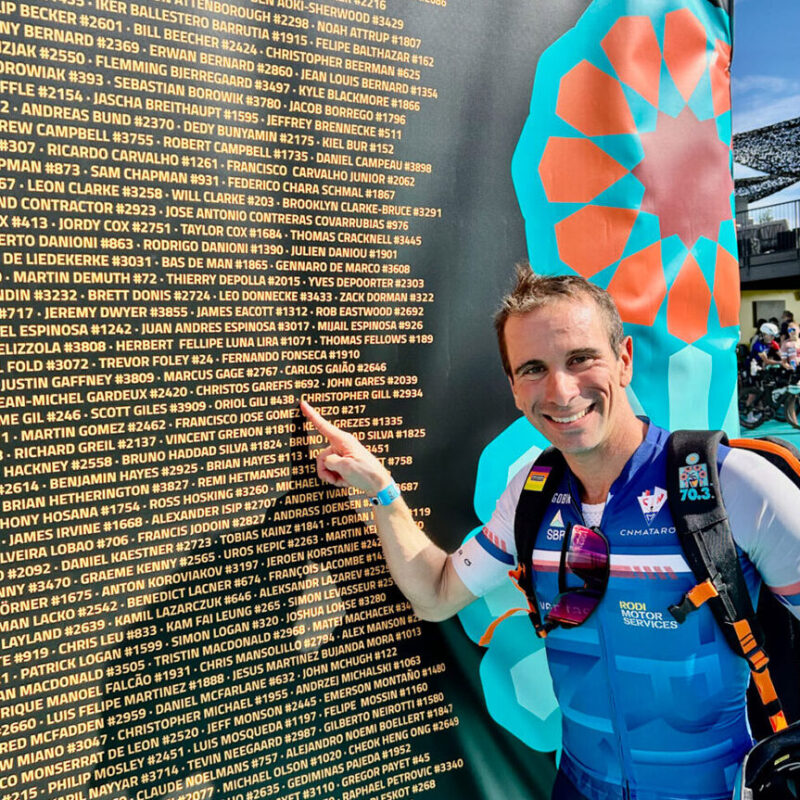 Athlete pointing to his name on the Ironman 70.3 participants board